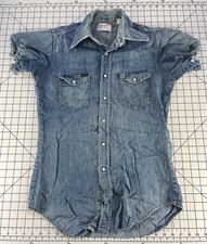 VTG 60s Wrangler SANFORIZED Denim Pearl Snap Button Shirt Mens 15-33 Western USA