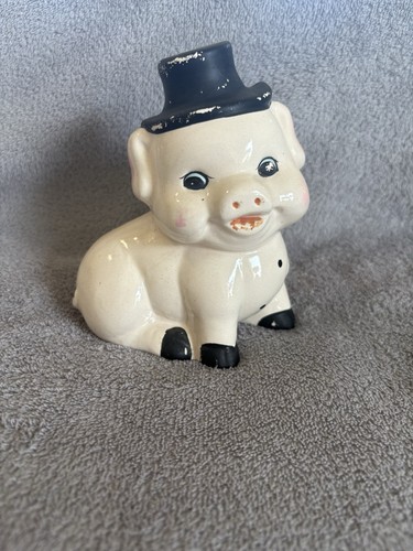 Pig Piggy Bank with Top Hat, Happy ,Blushing, and Sitting, Kitsch Kawaii, Vtg