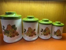 Vintage 70s Floral Fruit Aluminum Canister 4 Pc Set USA Atapco Nesting White