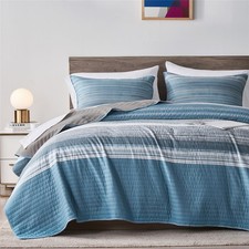 King/Cal King Quilt Bedding Set, White Grey and Blue Patchwork Striped Quilt ...
