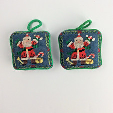 Needlepoint Cross Stitch Santa 3x3" Christmas Decor Hanging Ornament Lot of 2