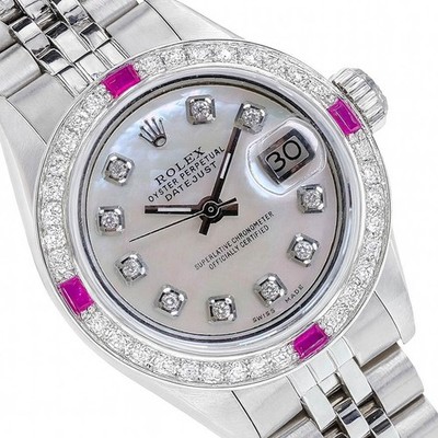 Rolex Datejust Stainless Steel White Mother of Pearl Diamond Ruby Jubilee Watch