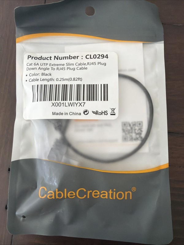 Cat 6a UTP RJ45 to RJ45 Cable Black Extreme Slim 0.25m Length