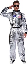 Men's Silver Astronaut Costume, Metallic Space Jumpsuit, Large