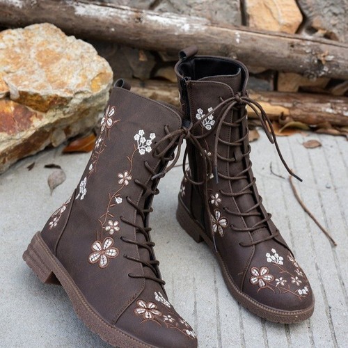 Women's Ladies Boots Shoes Retro Rose Embroidery Lace Up FLAT SIZE Cowgirl Shoes - Picture 11 of 25