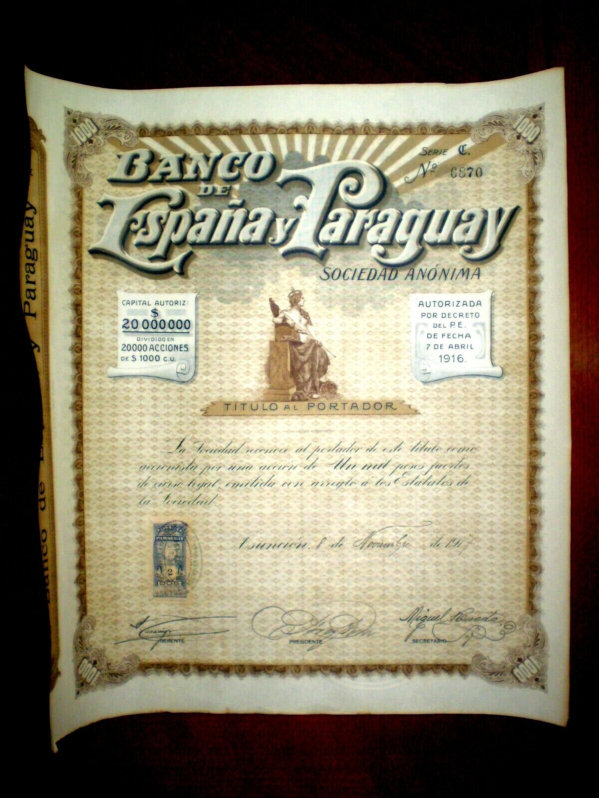 Certificado de acciones del Banco de España y Paraguay 1917