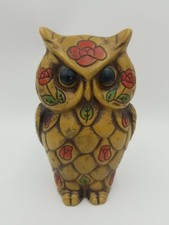 Vintage Retro Brown Owl Coin Bank with Red Roses  Green Leaves and Stopper