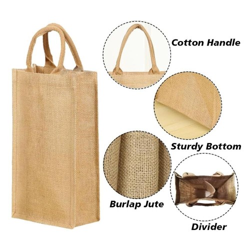 Jute Burlap 2 Bottle Wine Gift Tote Bags with Soft Cotton Handles Reusable fo... - Picture 3 of 8