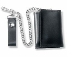 BLACK LEATHER Mens Biker Trifold Metal Chain Wallet Trucker Motorcyclist