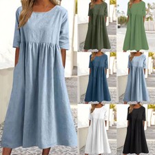 Womens Summer Casual Pullover Midi Dress Women Holiday Plain Pleated Swing Dre ◆