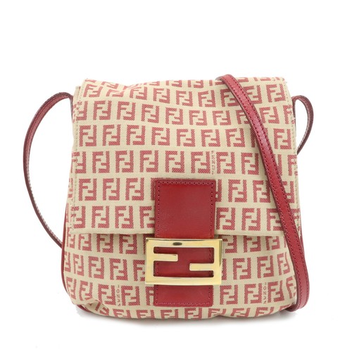 FENDI Zucchino Shoulder Bag Beige Red Canvas Leather 8BT075 Auth Used