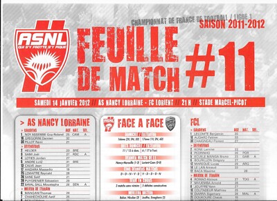 Spielbogen Nr. 11 ASNL - FC Lorient (2011 - 2012) - Ligue 1