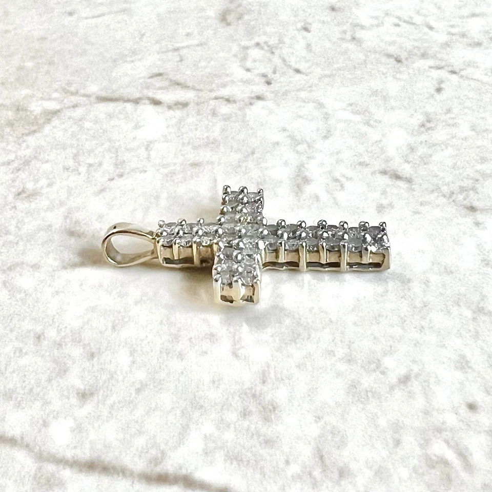 3/4 карата винтажный 10K бриллиант крест подвеска - 10K двухцветное золото крест ожерелье - Изображение 3 из 4
