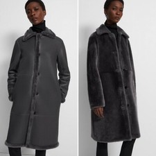 New Theory Shearling Trench Coat In Shine Merino - Dark Ash Sz S M0800404 $2995