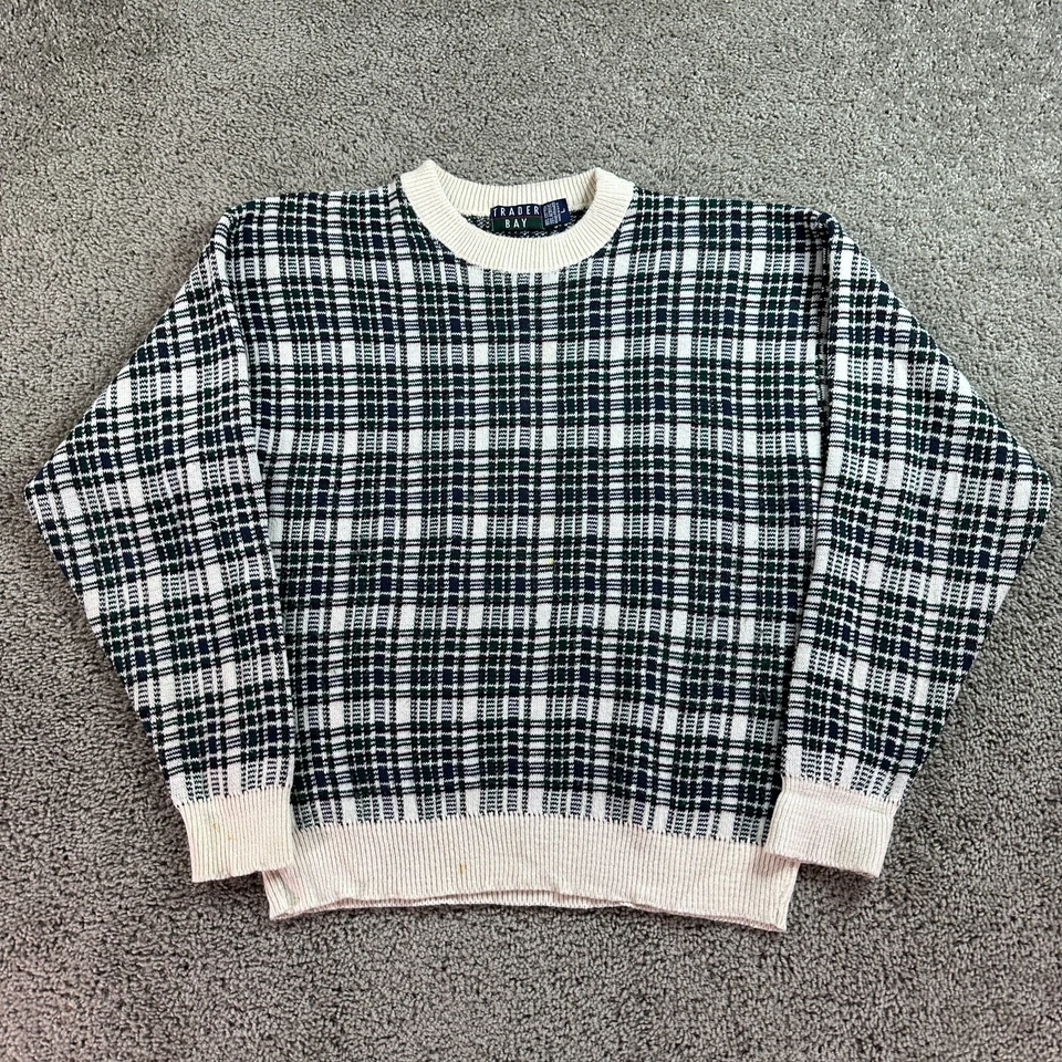 Suéter De Colección Trader Bay Para Hombres L Azul Verde Enmarcado a Mano A Cuadros Hecho en EE. UU. Años 90 Foto 2 de 4