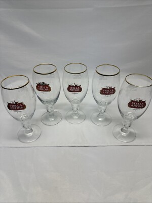 Lot Of 5 Stella Artois Beer Glasses Gold Rim Beer Chalices 40cl Special Edition