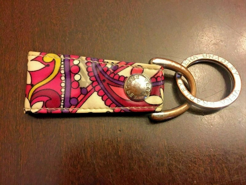 Vera Bradley Loop Keychain in Paisley Meets Plaid Pink Purple Gray 4.5” Long