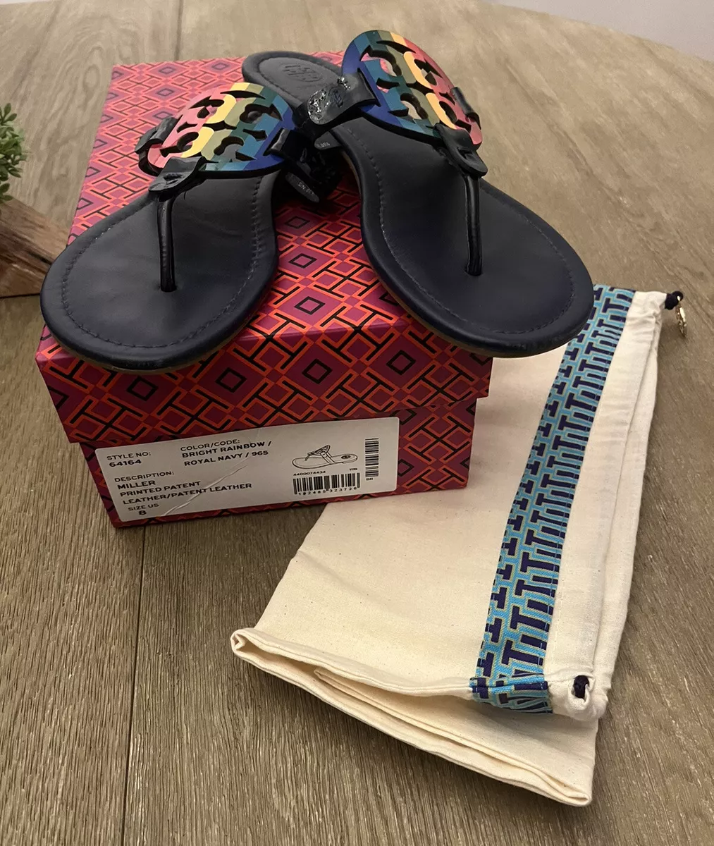 EUC Tory Burch Leather Miller Sandals Bright Rainbow Royal Navy Blue Size 8
