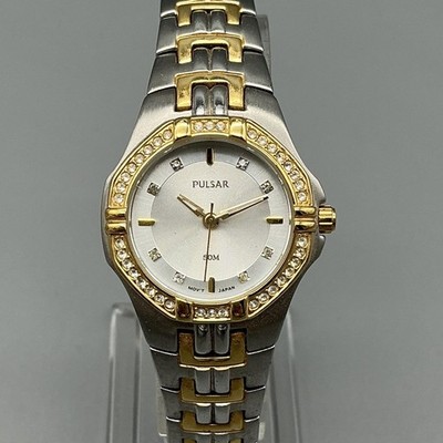 Pulsar Womens Watch 26mm Two Tone Crystal Bezel VX51-X476 New Battery 7''