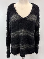 Free People Linus Striped Eyelash Fuzzy Wool Blend Sweater - Size M Black Grey