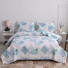 3 Pcs Blue Green Coastal Quilt Full/Queen Size Lightweight Summer Beach Bedsp...