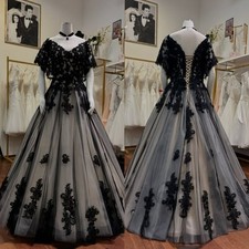 Gothic Champagne Wedding Dress Cap Sleeve Full Length Lace Applique Bridal Gowns