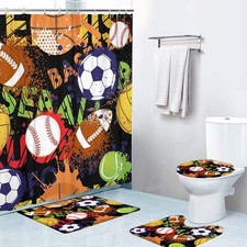 4 Pcs Shower Curtain Sets with Non-Slip Rugs, Toilet Lid Cover and Bath Mat,B...