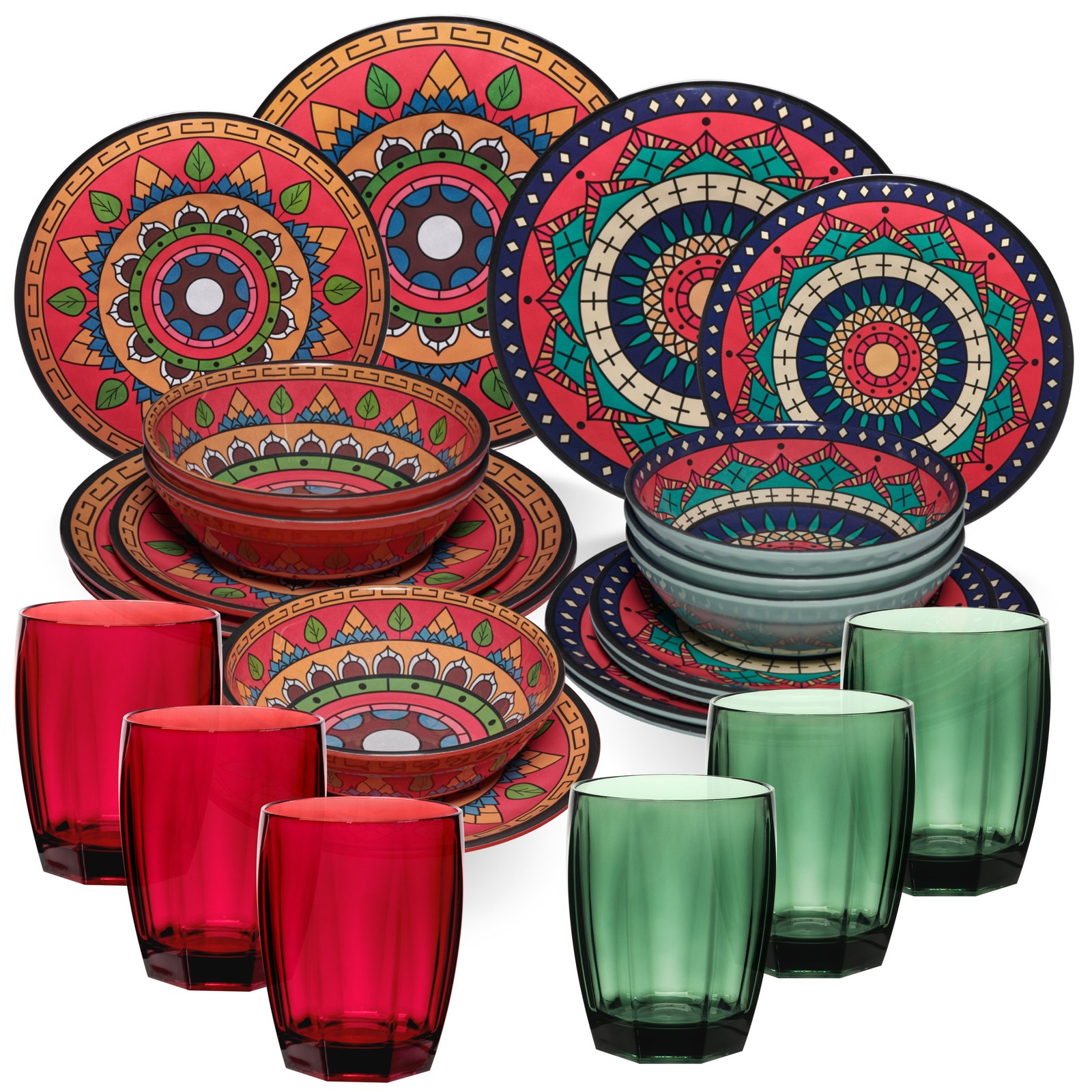 Melamin Geschirr Set bunt 6 Personen Campinggeschirr Outdoor Camping 24 Teile