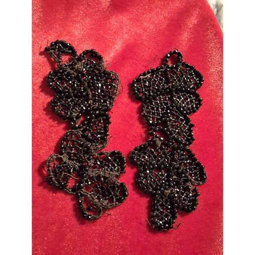 Antique Black Glass Beaded Appliques Pair Victorian Mourning Trim