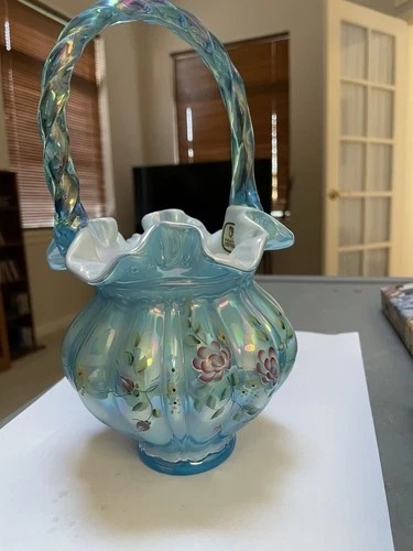 Fenton Celeste Blue Overlay Melon Basket Bill Fenton Signature