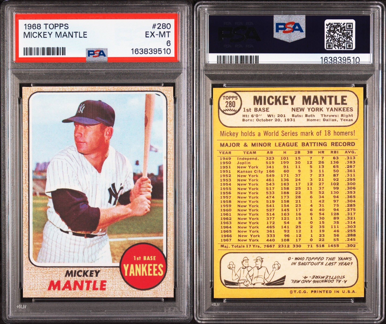 1968 Topps Mickey Mantle 280 PSA 6 EX-MT view 2