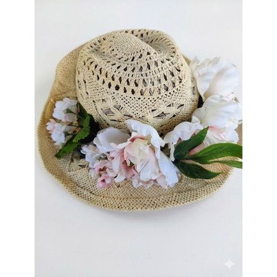 Boho Floral Straw Fedora Wide Brim Sun Hat Peony Accents Gold Ring Detail Strap