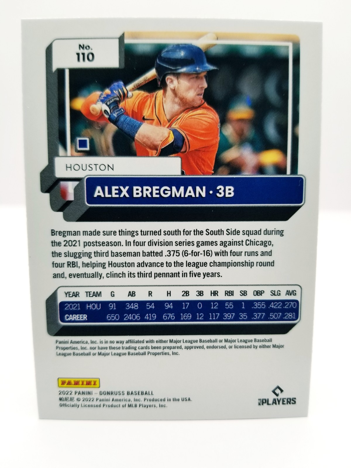 2022 Panini Donruss Alex Bregman #110 Blue Holo Houston Astros  view 2