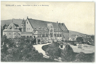 Ansichtskarte Goslar/Harz - Kaiserhaus mit Blick zum Steinberg - schwarz/weiß