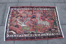 Vintage Hand Made Traditional Oriental Wool Faded Red Small Rug 110x75cm Animal