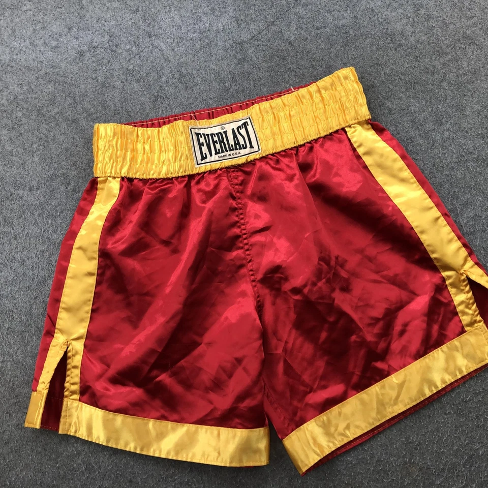 Shorts de boxe vintage Everlast masculino médio vermelho amarelo cetim baús feitos nos EUA anos 90 - Imagem 2 de 4