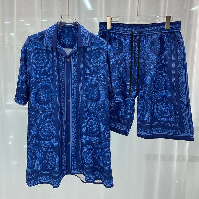 Mens Fashion Hawaiian Short Sleeve Suit Set Men's Beach Prin