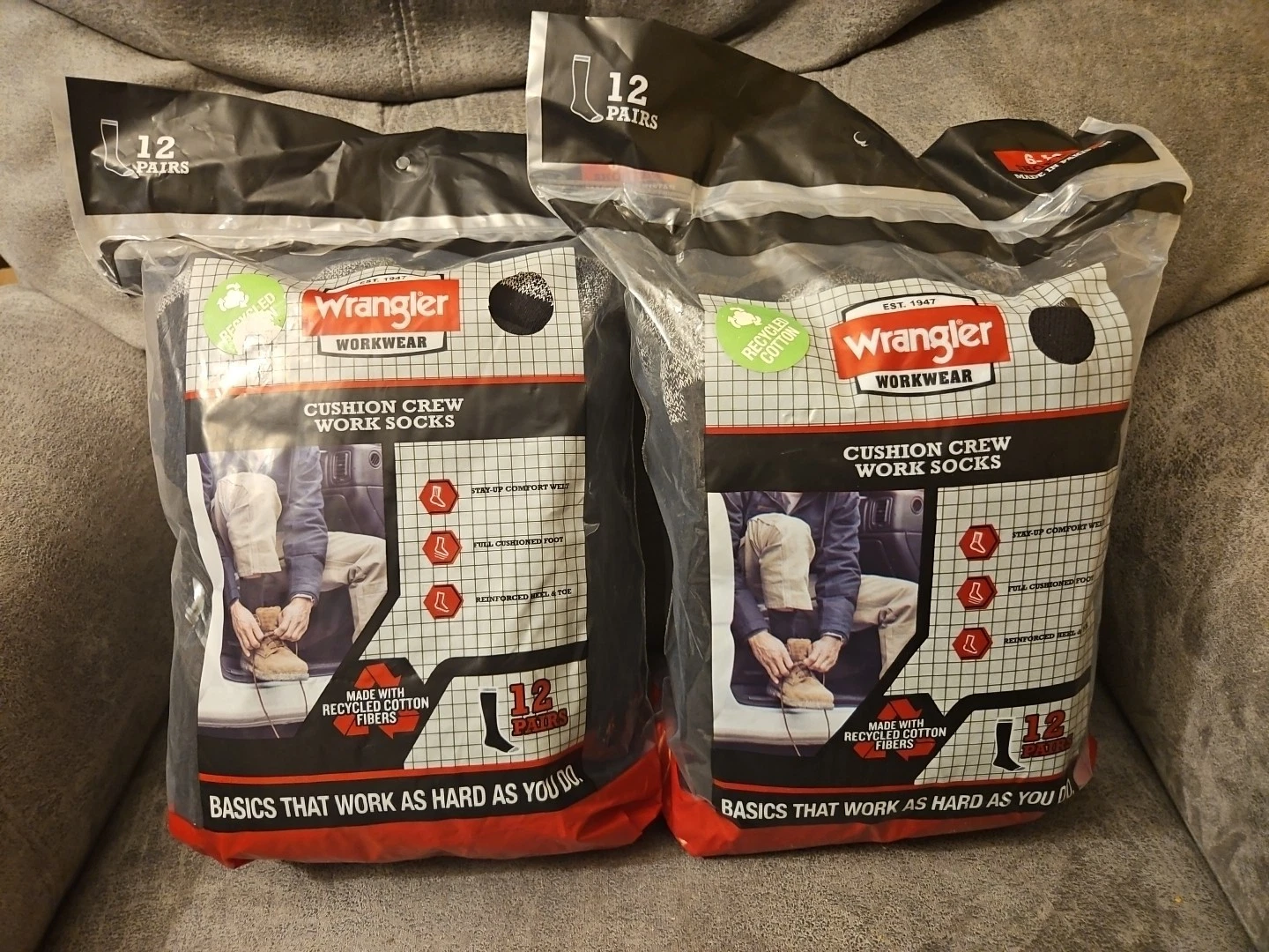 New Men's 12 Pair Wrangler Workwear Cushion Crew Work Socks Black Sizes 6-12