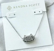 ⭐️Kendra Scott Elisa Cat Kitty Rhodium Platinum Gray Drusy pendant necklace new