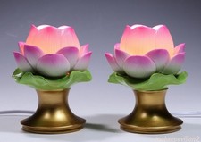4.9" Pair Porcelain Desk Altar Lotus Buddha LED Lamp Color Light Table Decor