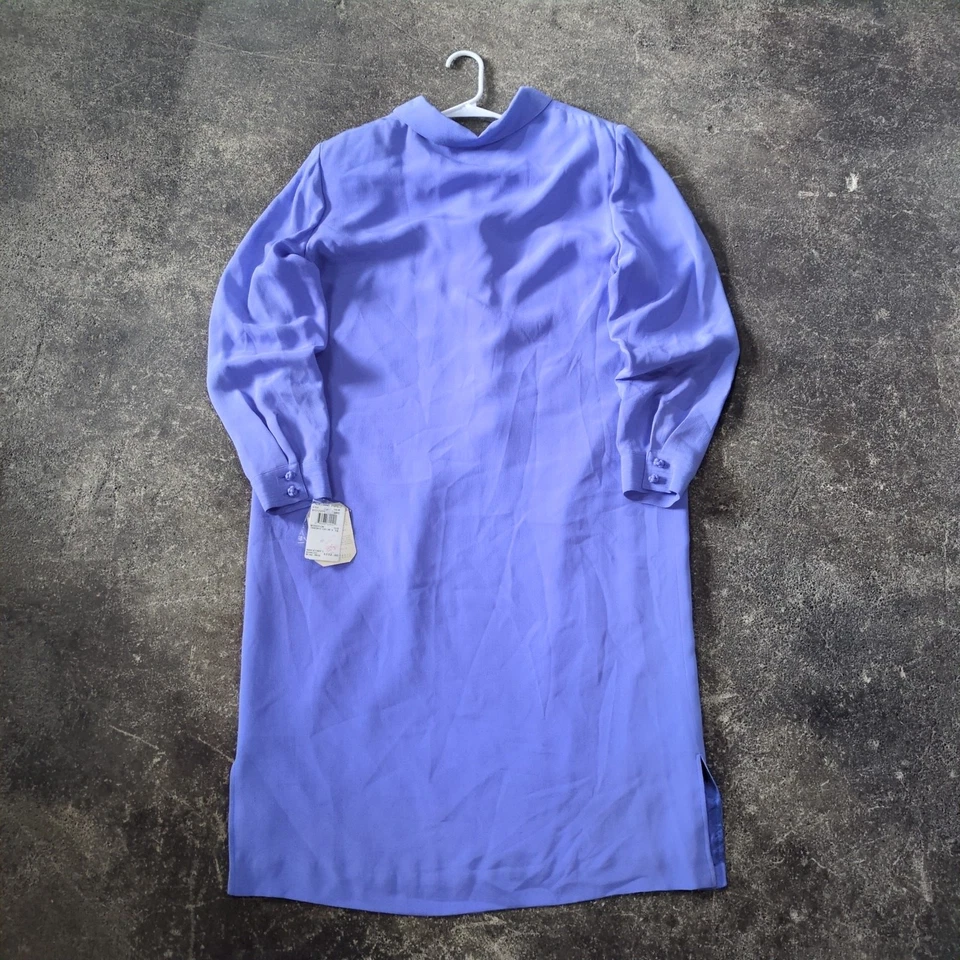 Nuevo Vestido Camisa Adrianna Papell Talla 16 Azul Seda Manga Larga Diseñador Años 90 Foto 4 de 4