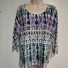 Chico's Size 1 (M) Purple Multicolor Soft Poly 3/4 Sleeve Scoop Neck Knit Top