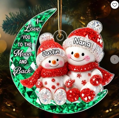 3D Crystal Effect Snowman Grandma Grandkid on Moon - Personalized