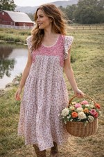 J Marie XS Pink Floral Rosalee Embroidered Midi Dress Ruffles Tiered Cottagecore