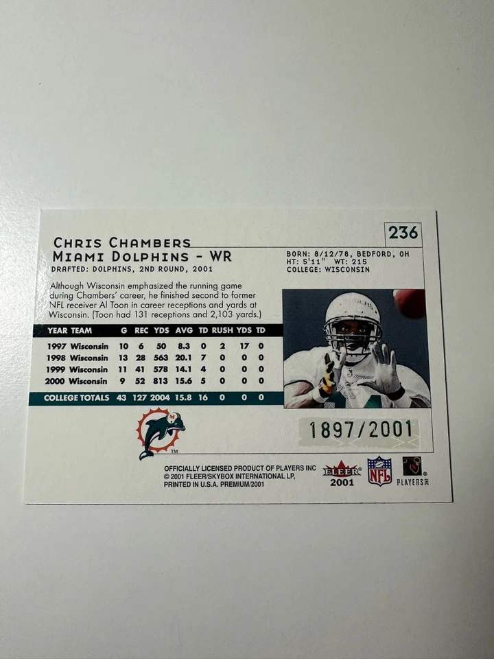 2001 Fleer Premium Premium Rookies Chris Chambers Green Foil /2001 RC #236 - Image 2 of 2