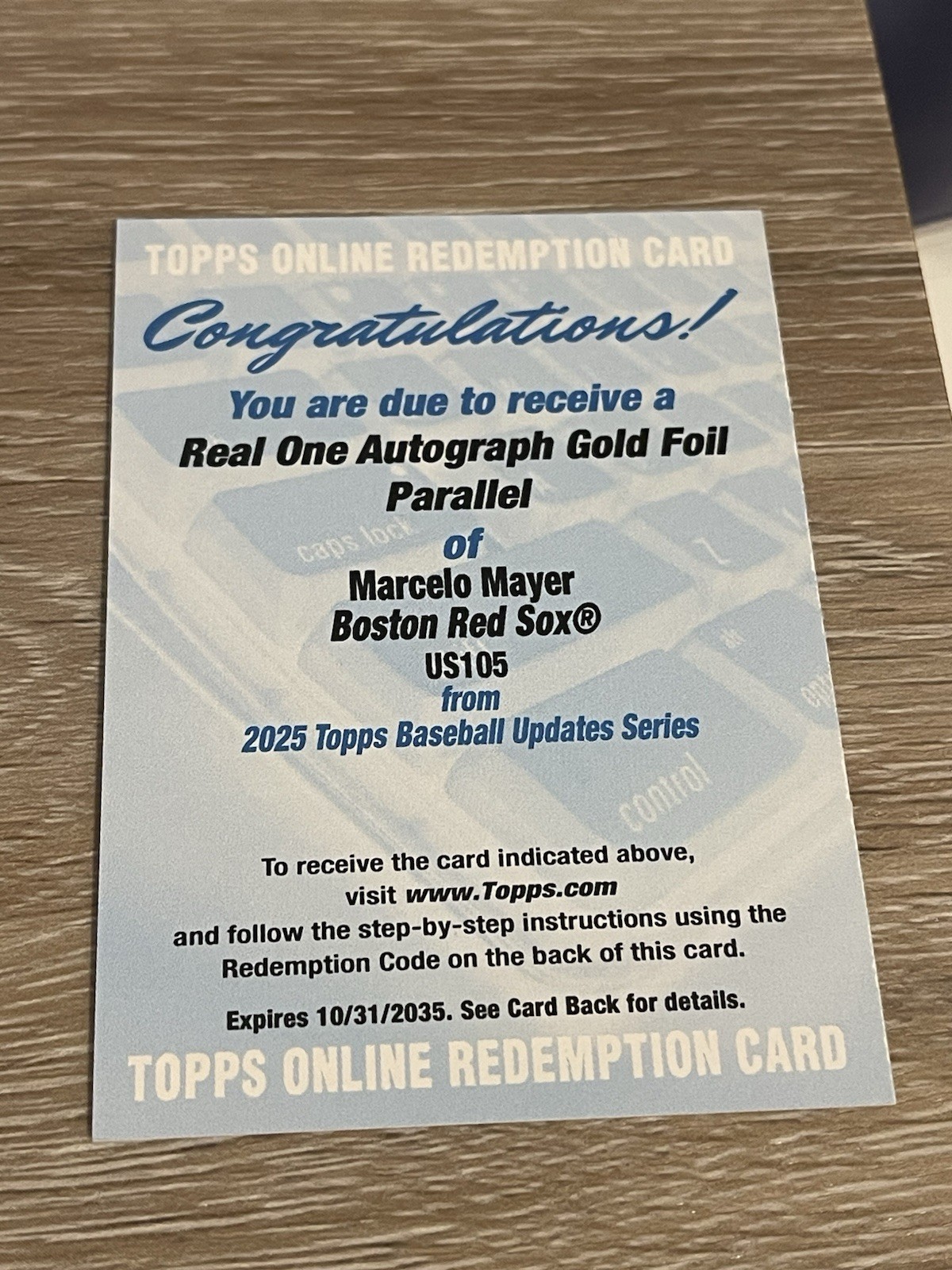 2025 Topps Update - Real One Autograph Gold Foil /50 Redemption Marcelo Mayer RC