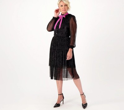 Studio Park x Shawn Killinger Tiered Dress XXS Metallic Pleat with Velvet Tie