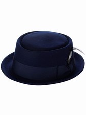 Mens Crushable Wool Felt Porkpie Hat w/Feather HE09 Navy-S/M