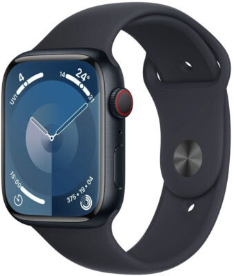 Apple Watch 9 Cell Alu Midnight 45mm, Black Silicon Band, Sehr gut   Refurbished