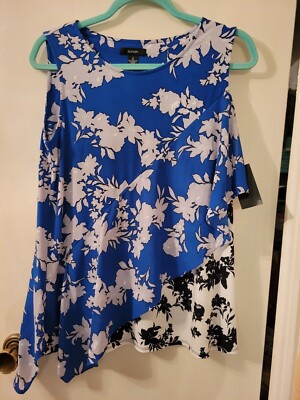 ALFANI Women's Layered Top Size S/M Blouse Floral Blue/Grey/Black/White NWT